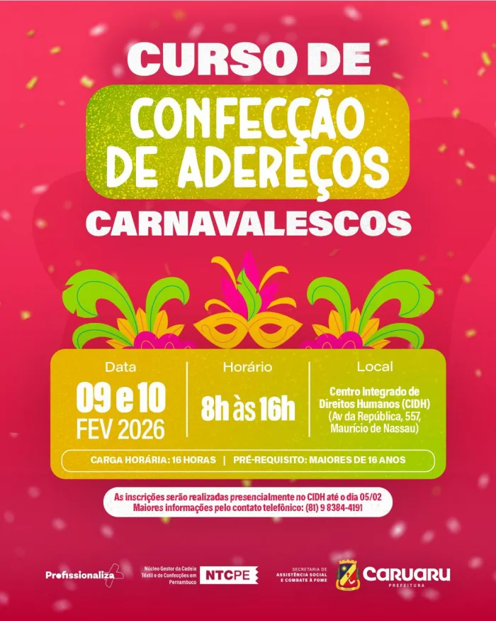 Curso de Confecção de Adereços Carnavalescos em Caruaru: Inscrições Abertas para 2026 Curso de Confecção de Adereços Carnavalescos em Caruaru: Inscrições Abertas para 2026